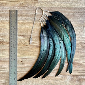 Manguito de oreja de plumas negras Raven Spirit, manguito de orejas de plumas de pájaro negro, plumas de cuervo, tocado de plumas de festival, pendientes de plumas sin perforación imagen 10