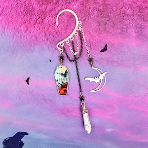 Night Flight Ear Cuff: Bat Wings, Coffin, Howlite Crystal - No Piercing Halloween Gothic Jewelry