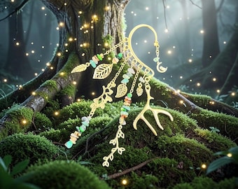 Gemstone Antler Ear Cuff: Whimsigoth Fairycore No Piercing Earring, Earth Guardian
