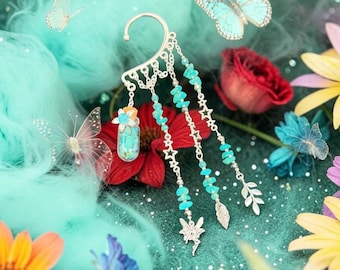 Turquoise Fairy Ear Cuff: Renaissance Silver Dangle Ear Wrap, Fairycore Flower Jewelry