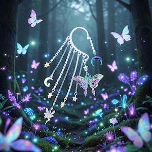 Rainbow Moon Moth Ear Cuff: Fairy Non Pierced Ear Wrap, Fairycore Jewelry