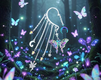 Rainbow Moon Moth Ear Cuff: Fairy Non Pierced Ear Wrap, Fairycore Jewelry