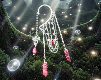 Pendiente de oreja de dragón: colgante de cristal de cuarzo rojo, sin perforación, estilo gótico, ideal para cosplay o ferias renacentistas.