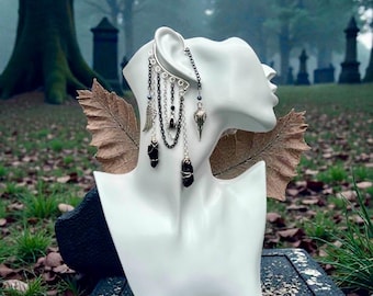 Dark Raven Skull Ear Cuff: Black Quartz Crystal Gothic Earring, No Piercing, Crow Jewelry