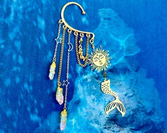 Manguito de oreja de diosa del mar con cristales de cuarzo arco iris, accesorio de cosplay de sirena, pendiente sin perforación, envoltura de manguito de oreja de sirena solar, sirena