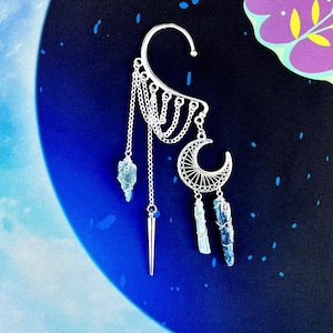 Kyanite Moon Ear Cuff: Silver Celestial Dangle Ear Wrap, No Piercing Earring
