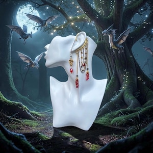 Dragon Ear Cuff: Red Quartz Crystal Dangle, No Piercing Gothic Cosplay, Renaissance Fair Earring