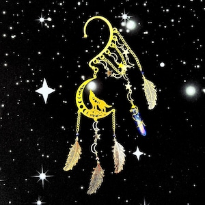 Wolf Moon Dreamcatcher Ear Cuff: Filigree, Quartz Crystal, No Piercing, Feather Ear Wrap