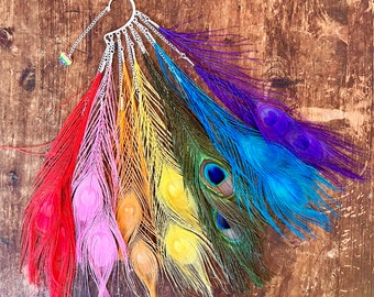 Peacock Pride rainbow feather ear cuff, pride ear cuff, rainbow feathers, LGBTQ jewelry, rainbow headpiece, pride festival feathers