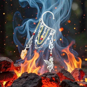 Phoenix Rising Ear Cuff: Fire Quartz Crystal Dangle, No Piercing Flame Bird Earring