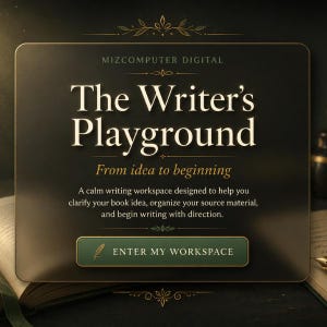 Puede incluir: Una interfaz digital rectangular con fondo oscuro y detalles dorados. Muestra el texto MIZCOMPUTER DIGITAL, The Writer's Playground, From idea to beginning, y un botón verde con la etiqueta ENTER MY WORKSPACE junto a un icono de pluma.