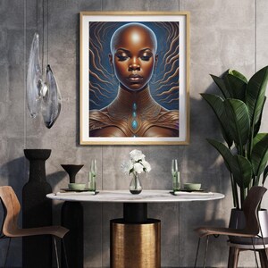 Afdrukbare muurkunst, 'Avara' afro-futuristische AI-kunst, kale en mooie zwarte intergalactische vrouw, ruimte, aards, fantasie, downloadbaar