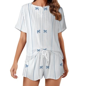 Cooling Short Sleeve Loungewear, Blue and white stripe with bows, Gift for her, 2 pc short set