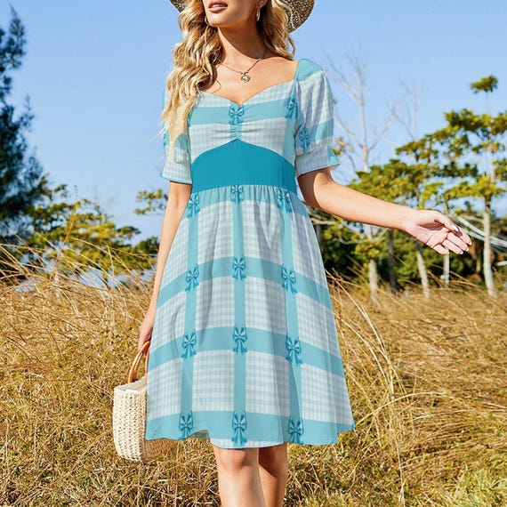 Aqua Blue Short Sleeve Gingham Bow Dress, A-line High Waist, Puff