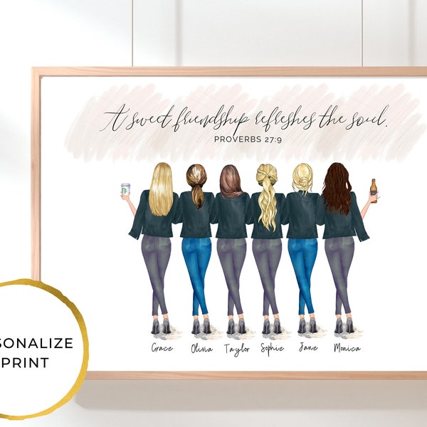 6 Best Friends Personalized Gift, Birthday Gifts, Custom Bestie Gifts, Custom BFF Print, Personalized Poster, Custom Portrait, Sister Gift