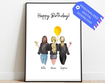 May include: A framed digital print featuring the text Happy Birthday and an illustration of three friends with their arms around each other. The friends have brown and blonde hair, wear black jackets, and hold drinks. A yellow balloon floats above them.