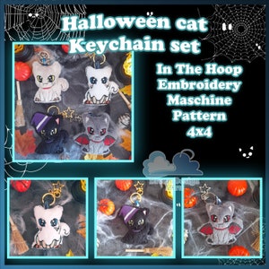May include: A set of four Halloween cat keychain embroidery patterns for a 4x4 embroidery machine. The patterns include a black cat with a witch's hat, a gray cat with bat wings, and two white cats with different facial expressions.