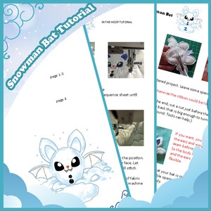 Puede incluir: Un tutorial para un murci&eacute;lago de nieve, con una ilustraci&oacute;n de dibujos animados de un murci&eacute;lago blanco con rasgos de mu&ntilde;eco de nieve. El tutorial incluye instrucciones e im&aacute;genes para un proyecto 'in-the-hoop', con texto e im&aacute;genes.
