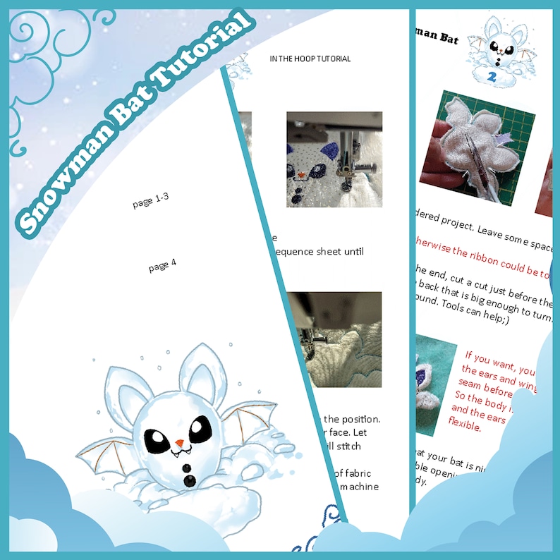 Puede incluir: Un tutorial para un murci&eacute;lago de nieve, con una ilustraci&oacute;n de dibujos animados de un murci&eacute;lago blanco con rasgos de mu&ntilde;eco de nieve. El tutorial incluye instrucciones e im&aacute;genes para un proyecto 'in-the-hoop', con texto e im&aacute;genes.