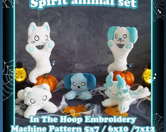 May include: A set of plush animal toys including a white cat, a white dog with blue ears, a light blue dog, and a white creature with blue accents. The text reads Spirit animal set, In The Hoop Embroidery Machine Pattern 5x7 / 6x10 / 7x12, DST-PES-EXP-HUS-JEFF-VIP-XXX.
