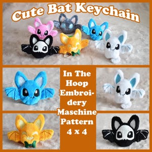 Könnte beinhalten: Ein Set mit acht niedlichen Fledermaus-Schlüsselanhänger-Stickmustern für einen 4x4 Zoll großen Stickrahmen. Die Muster beinhalten eine schwarze Fledermaus, eine weiße Fledermaus, eine rosa Fledermaus, eine blaue Fledermaus, eine graue Fledermaus und eine gelbe Fledermaus.