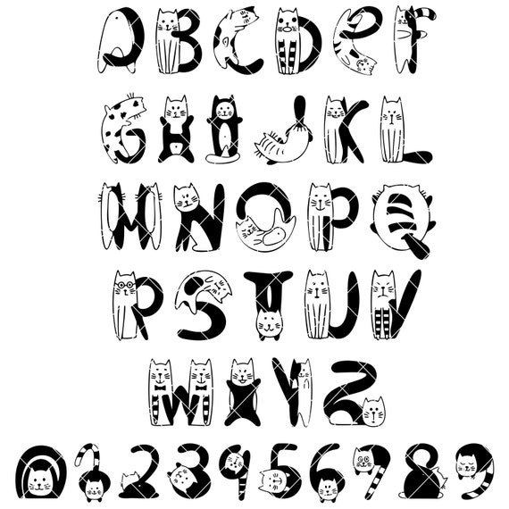 Art & Collectibles Drawing & Illustration Cat Font SVG Cricut Cat Alphabet svg vector Cat shirt