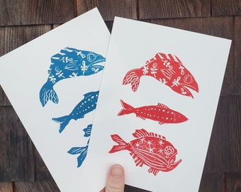 Three Fishes Handmade Lino Print (you pick color)