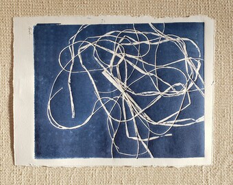 Abstract 'String' Monotype Print, Blue and White