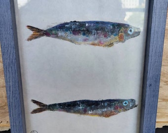 Framed Double Sardine Gyotaku Japanese Fish Print
