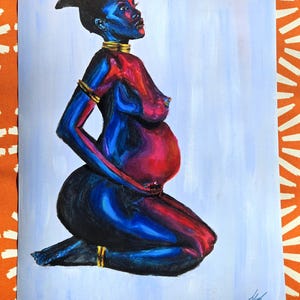 Veerkracht: moederschap, figuratief schilderij zwangerschap, print afrovrouw