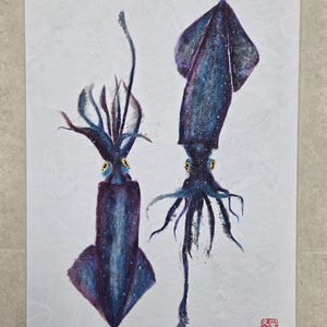 Impresión de pez Gyotaku con dúo de calamares (impresión)