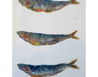 Three Sardines Gyotaku Fish Print