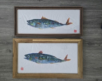 Original Mackerel Gyotaku Fish Impression -- Nautical Decor -- Handmade fish print-- FRAMED