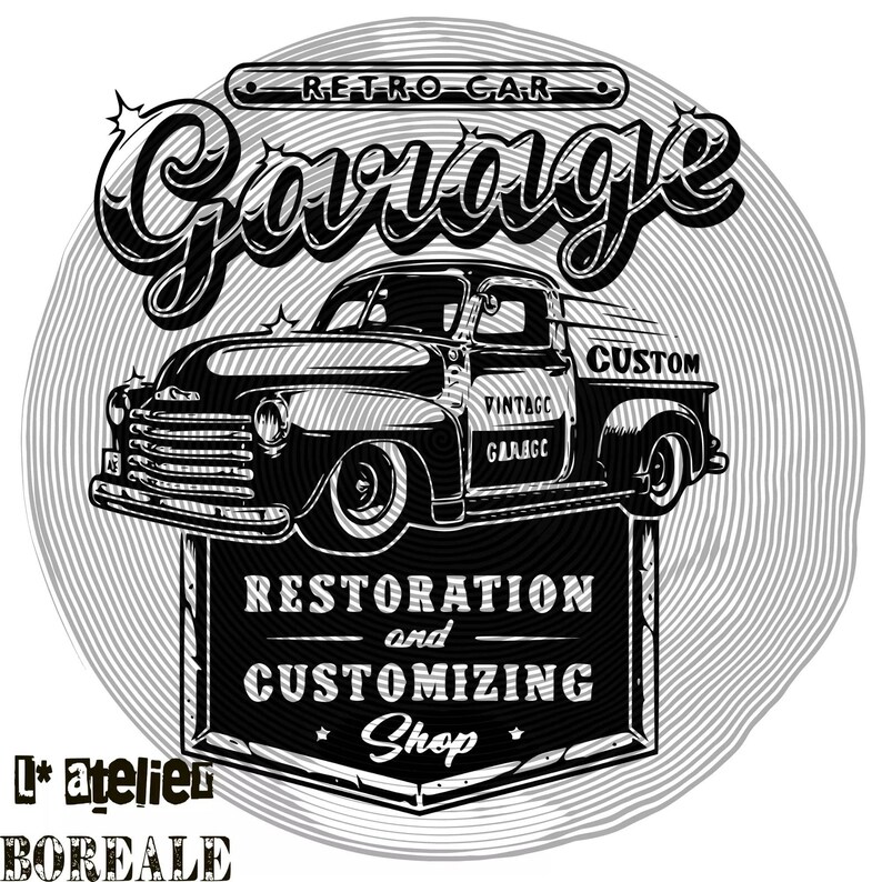thermocollant monochrome textile pattern pick-up classic garage car vintage cars beach custom