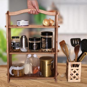 Organizador de especias de 3 niveles, estantes de madera, portátil, con asa de transporte, almacenamiento de cocina rústico