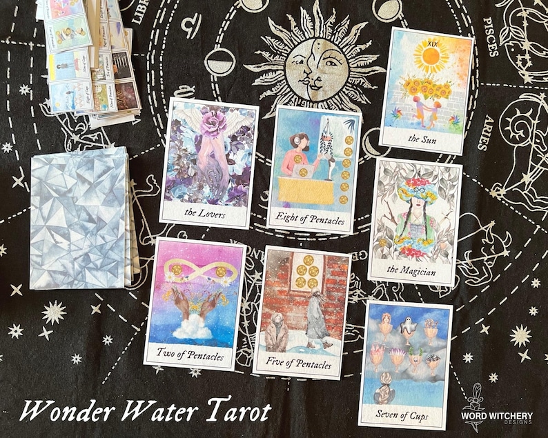 May include: A set of ten tarot cards from the Wonder Water Tarot deck. The cards are laid out on a black background with a star pattern. The cards feature watercolor illustrations and include the Lovers, Eight of Pentacles, the Sun, the Magician, Two of Pentacles, Five of Pentacles, and Seven of Cups.