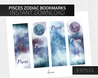 Pisces Zodiac Bookmarks, Instant Download, Printable, Astrology Horoscope Watercolor Moon Constellations Birthday Gift Stocking Stuffer