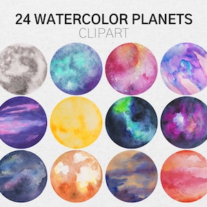 24 Watercolor Planets, Transparent Background, Space, Galaxy, PNG, Clipart, Zodiac, Circle, Astrology, Witch, Celestial, Magic, Stickers