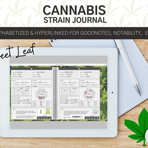 May include: A digital tablet displaying a cannabis strain journal app with a green and white leaf design. The app is open to a page titled "Sweet Leaf" with a section for recording strain information, including date, harvest, and effects. The journal is designed for use with GoodNotes and Notability.