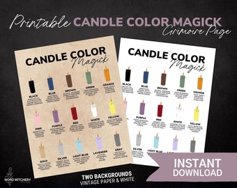 Kerzenfarben Magie - Druckbare Grimoire Seiten, Buch der Schatten Seiten, Hexerei, Digitales Grimoire, Kerzenfarbe Bedeutung, Korrespondenzen
