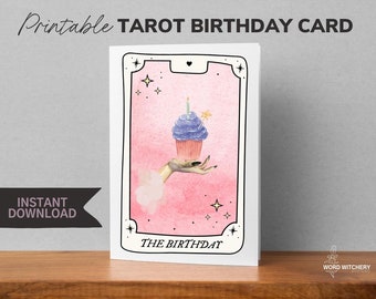 Tarot Geburtstagskarte • Druckbare Aquarell Grußkarte für Erwachsene • Geburtstagskarte für Freund • Hexerei Witchy Astrologie Sternzeichen Hexenmagie