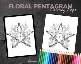 Floral Pentagramm Malseite - Digital Download - Printable Malseite für Erwachsene, Hexerei, Okkultismus, moderne Hexerei, Buch der Schatten