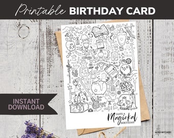 Magische Geburtstagskarte • Ausdruckbare Grußkarte zum Ausmalen für Erwachsene • Geburtstagskarte für Freund • Hexerei Witchy Astrology Sternzeichen Hexenmagie