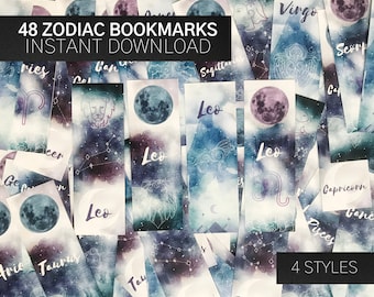 48 Zodiac Bookmarks, Instant Download, Printable, Astrology, Horoscope, Watercolor, Moon, Constellations, Birthday Gift, Stocking Stuffer