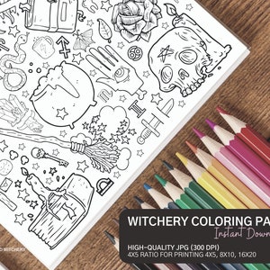 Puede incluir: Una página para colorear en blanco y negro con un tema de brujería. La página está llena de varios símbolos y objetos, incluyendo un caldero, una escoba, una calavera, una serpiente, una llave, una daga, un libro, una rosa, una estrella y una luna creciente. El texto "WORD WITCHERY" está en la parte inferior de la página. El texto "WITCHERY COLORING PAGE" está en la parte inferior de la página. El texto "Instant Download" está debajo del título. El texto "HIGH-QUALITY JPG (300 DPI)" está debajo del texto de descarga. El texto "4X5 RATIO FOR PRINTING 4X5, 8X10, 16X20" está debajo del texto DPI.
