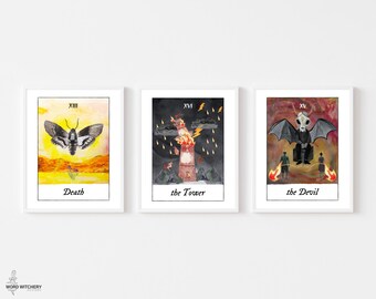 Death, The Tower, The Devil - Printable Art Print Set - Tarot Card Art Prints - Tarot Wall Art - Witchy - Witch Art - Watercolor Tarot Cards