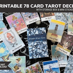 Printable Tarot Deck - Wonder Water Tarot - Print at Home Tarot Cards with Storage Box & Mini Tarot Stickers - Rider-Waite-inspired deck