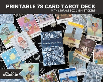 Printable Tarot Deck - Wonder Water Tarot - Print at Home Tarot Cards with Storage Box & Mini Tarot Stickers - Rider-Waite-inspired deck