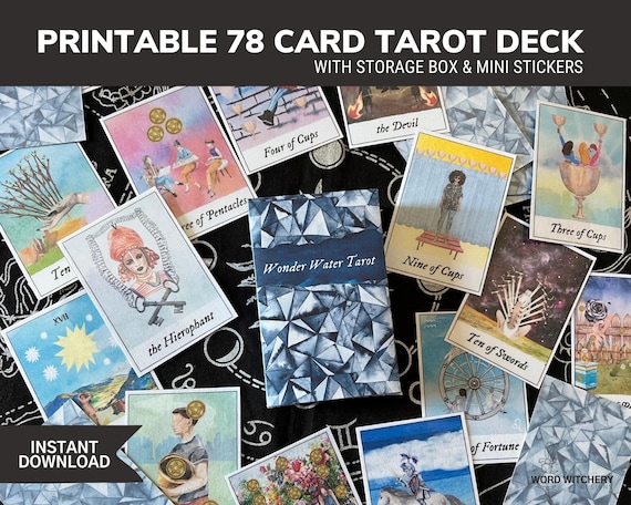 Printable Tarot Deck - Wonder Water Tarot - Print at Home Tarot Cards with Storage Box & Mini Tarot Stickers - Rider-Waite-inspired deck