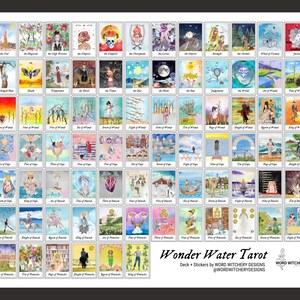 May include: A full deck of Wonder Water Tarot cards, featuring whimsical watercolor illustrations of each card. The cards are arranged in rows, with the Major Arcana cards at the top and the Minor Arcana cards below. The deck is titled "Wonder Water Tarot" and includes the text "Deck + Stickers by WORD WITCHERY DESIGNS @WORDWITCHERYDESIGNS WORD WITCHERY".